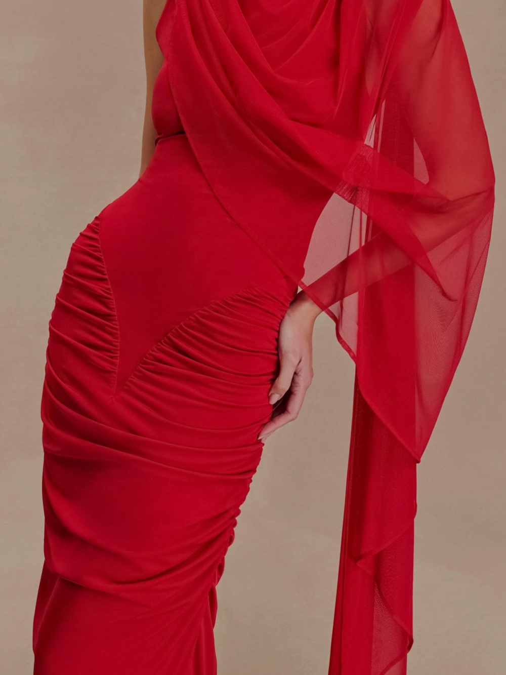 Meshki Red Ruched Long Sleeve Evening Dress
